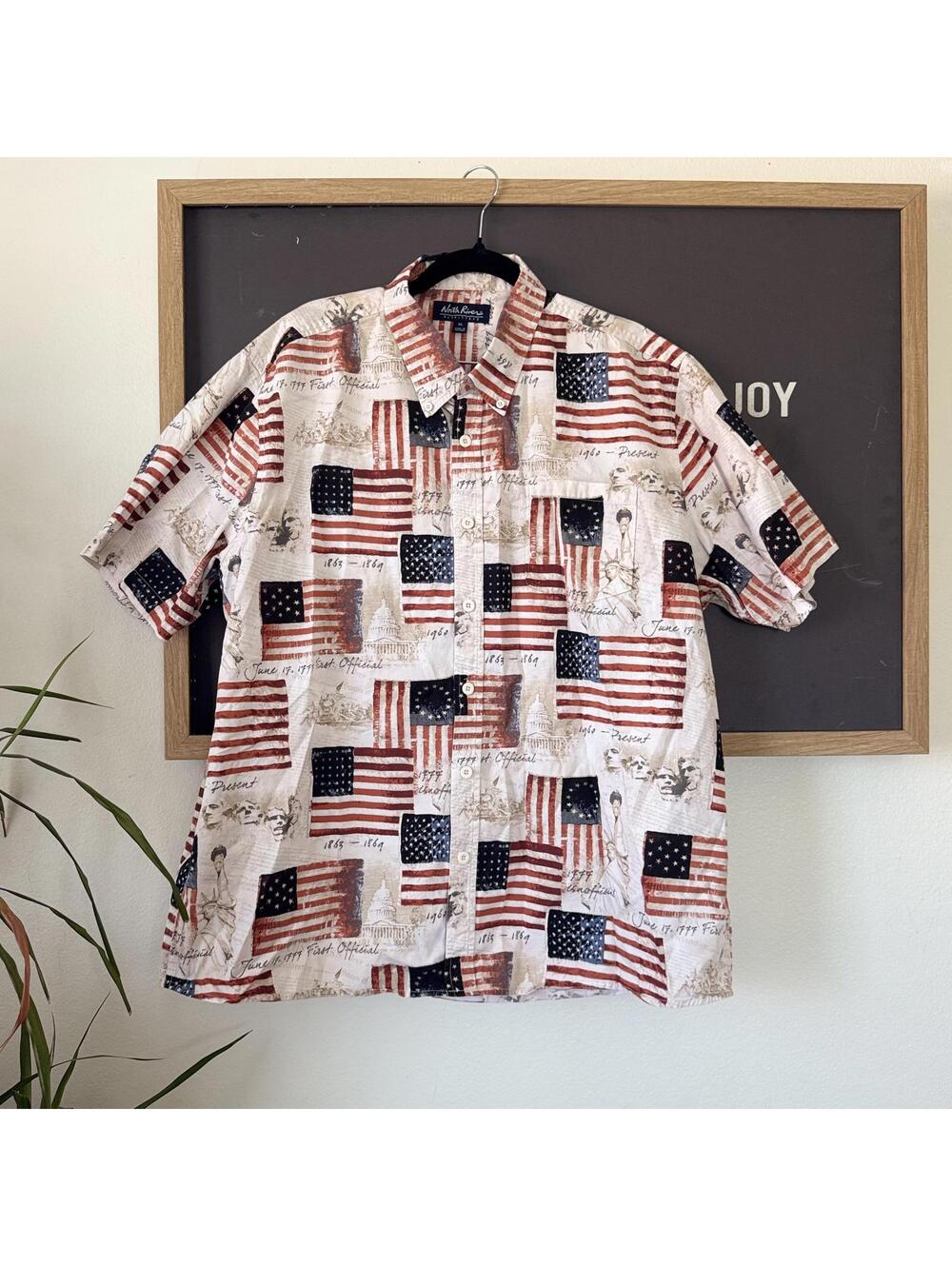White American Flag Print Button Up Shirt Red Blue Patriotic XL North River